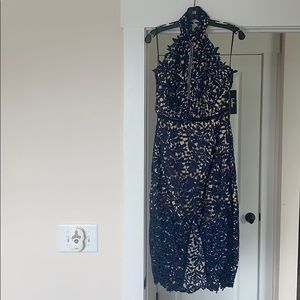 LULU’s navy lace overlay halter dress